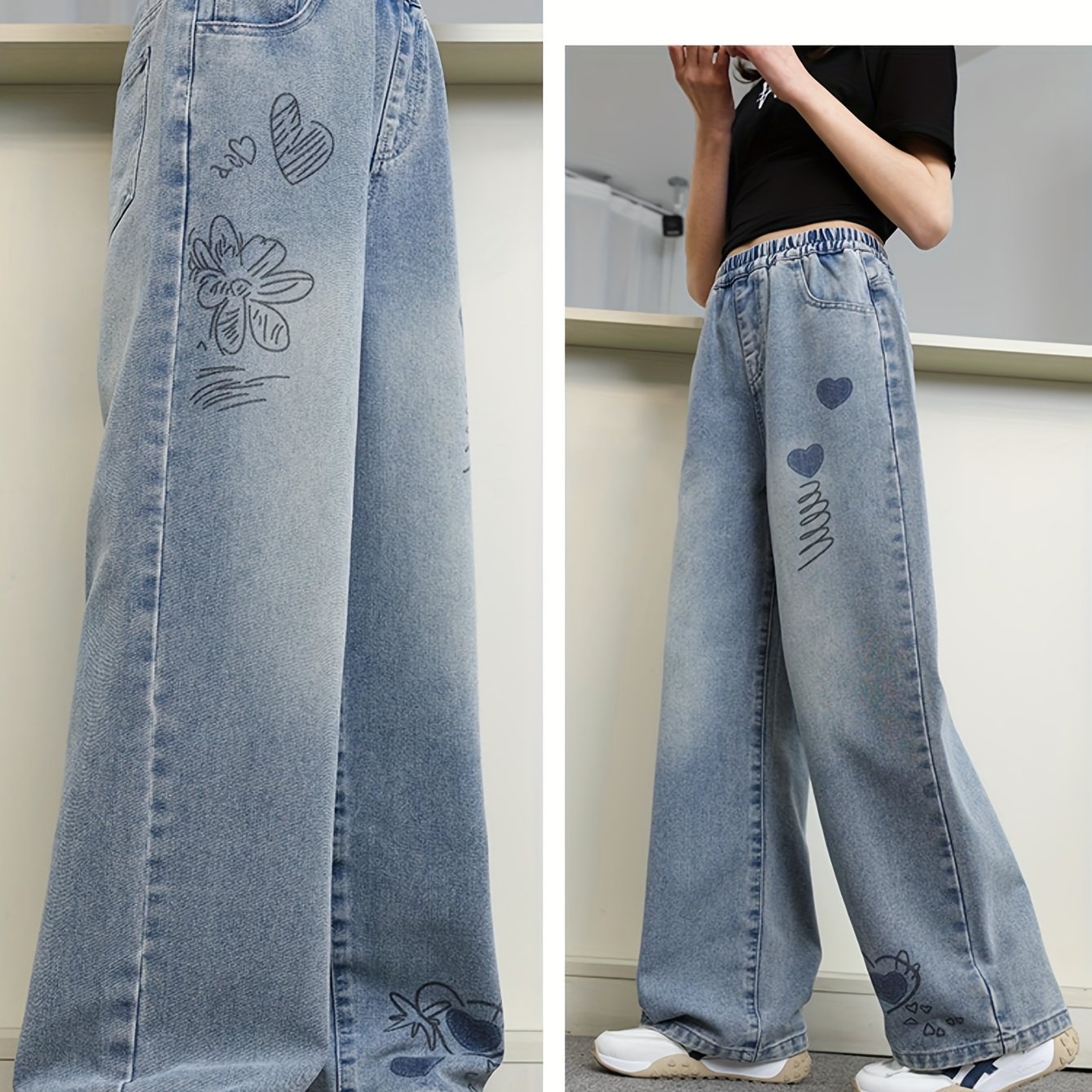 Print Girls' Jeans Light Blue Denim Trousers Graffiti Style Blue Girls' Jeans