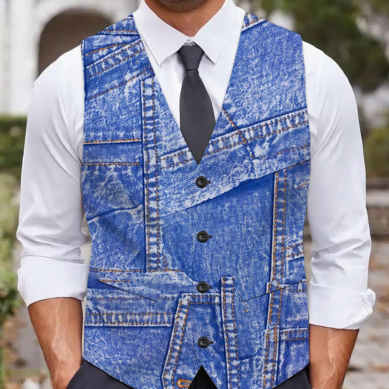 TEMU [plus Size Men's Vest Single Piece, Denim Plus Size Suit Vest, Denim Fabric Element Waistcoat, Blue- Obese Casual Vest With Lining And Pockets]