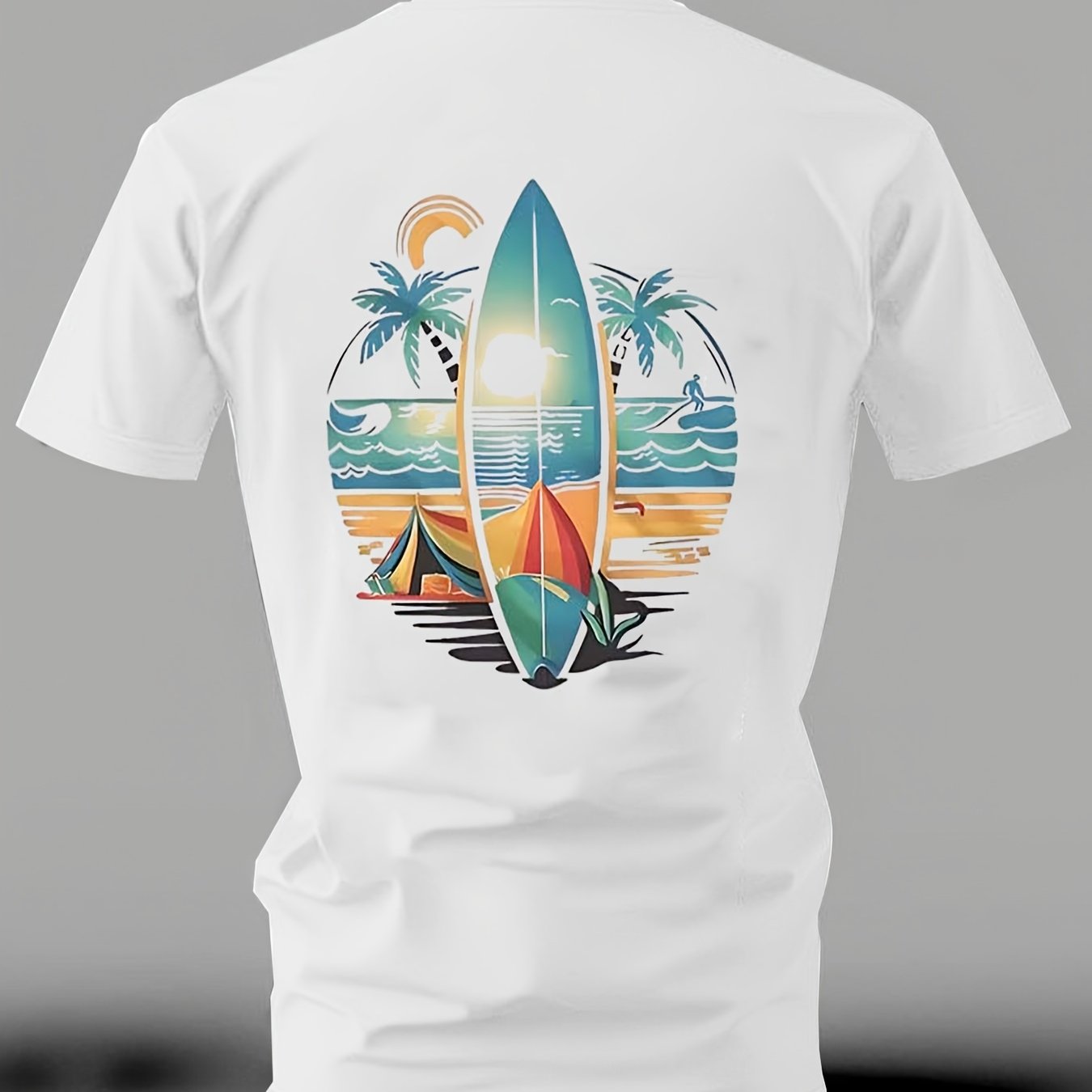TEMU T-shirt pour Homme à Col Ras du Cou et Manches Courtes avec Motif de Plage et Cocotiers, Convient pour Tenue Décontractée et Sportive d'Été