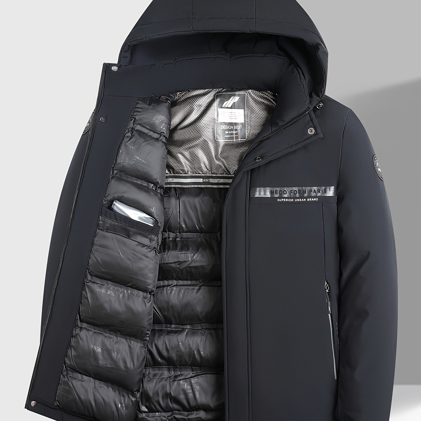 Men's Mid-Length Padded Jacket with Printed Chest Tape