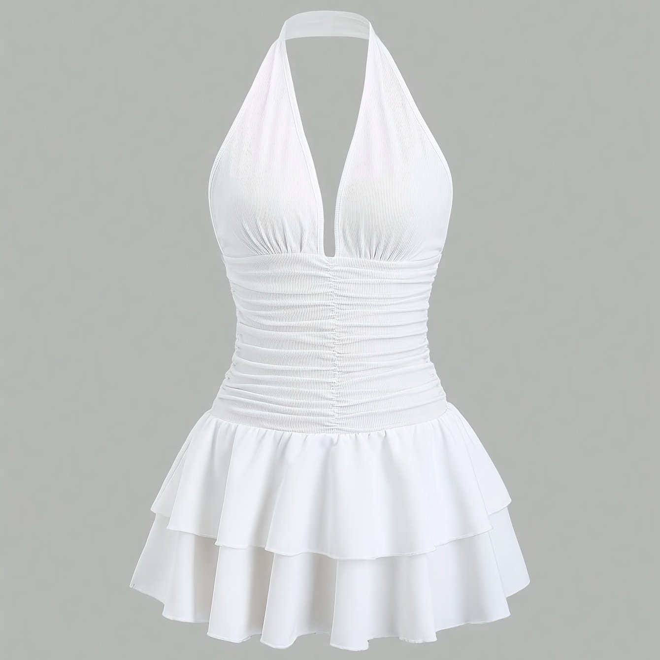 Image of White And V-neck Ruffle Backless Mini Skirt With A Pleated Waist