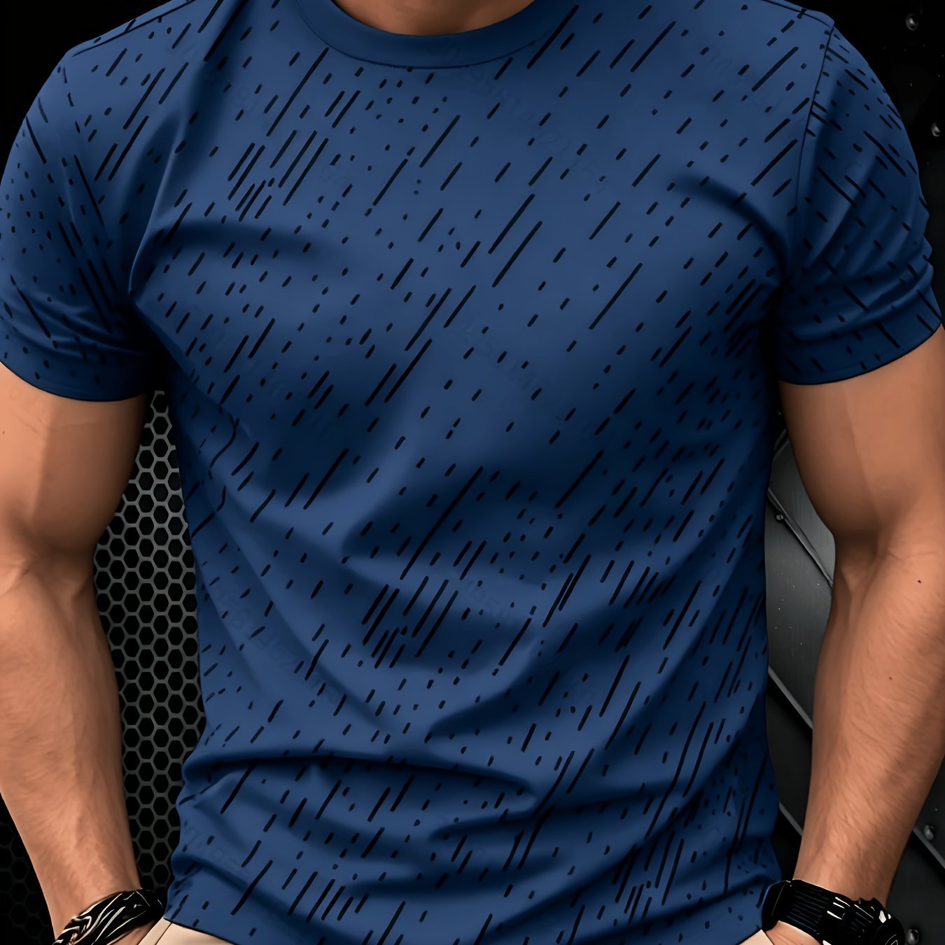 TEMU Black Twill Line Digital Printing T-shirt, Minimalist Men's Casual Short-sleeved Shirt, Versatile Commuter Men's Short-sleeved T-shirt, Cool And