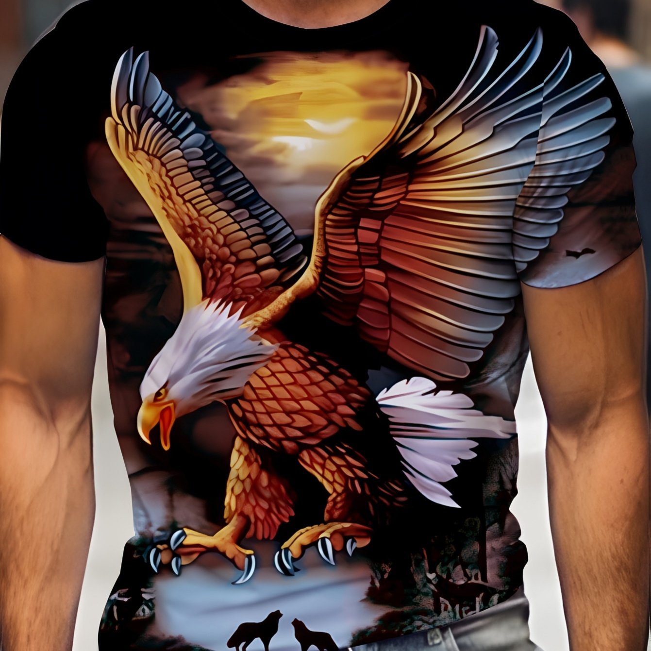 TEMU [printeddesign-nottextured]men's Eagle Pattern T-shirt- Breathable Round Neck Short Sleeve T-shirt, Casual Streetwear Suitable For Running,