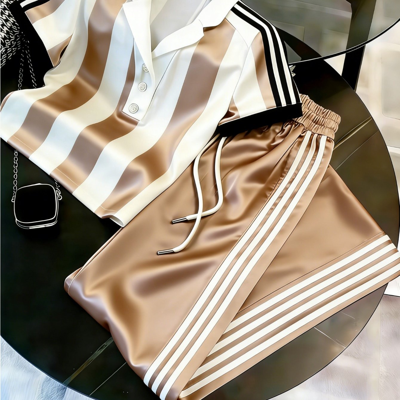 Image of 2026 New Release Khaki And White Vertical Stripe Turn Collar 2 Piece Set Side Stripe Casual Sporty Tracksuit Polyester Material For Daily Use Commuting And Vacations