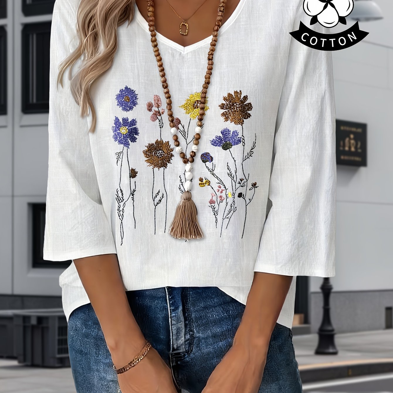 Image of 100% Spring Summer Fashion Outfit, Pure Easy Elegant Embroidered Women's Shirt A133