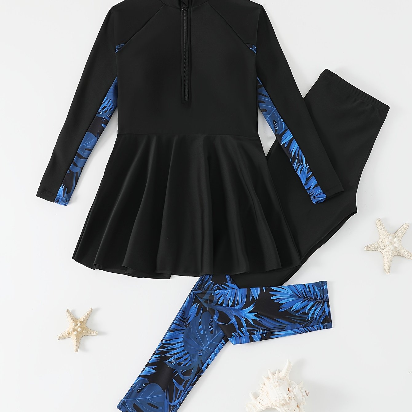 Image of Long-sleeve And Long-pants Print Zippered 2pcs Swimsuit For Girls, Medium To Large Sizes Swimming Pool