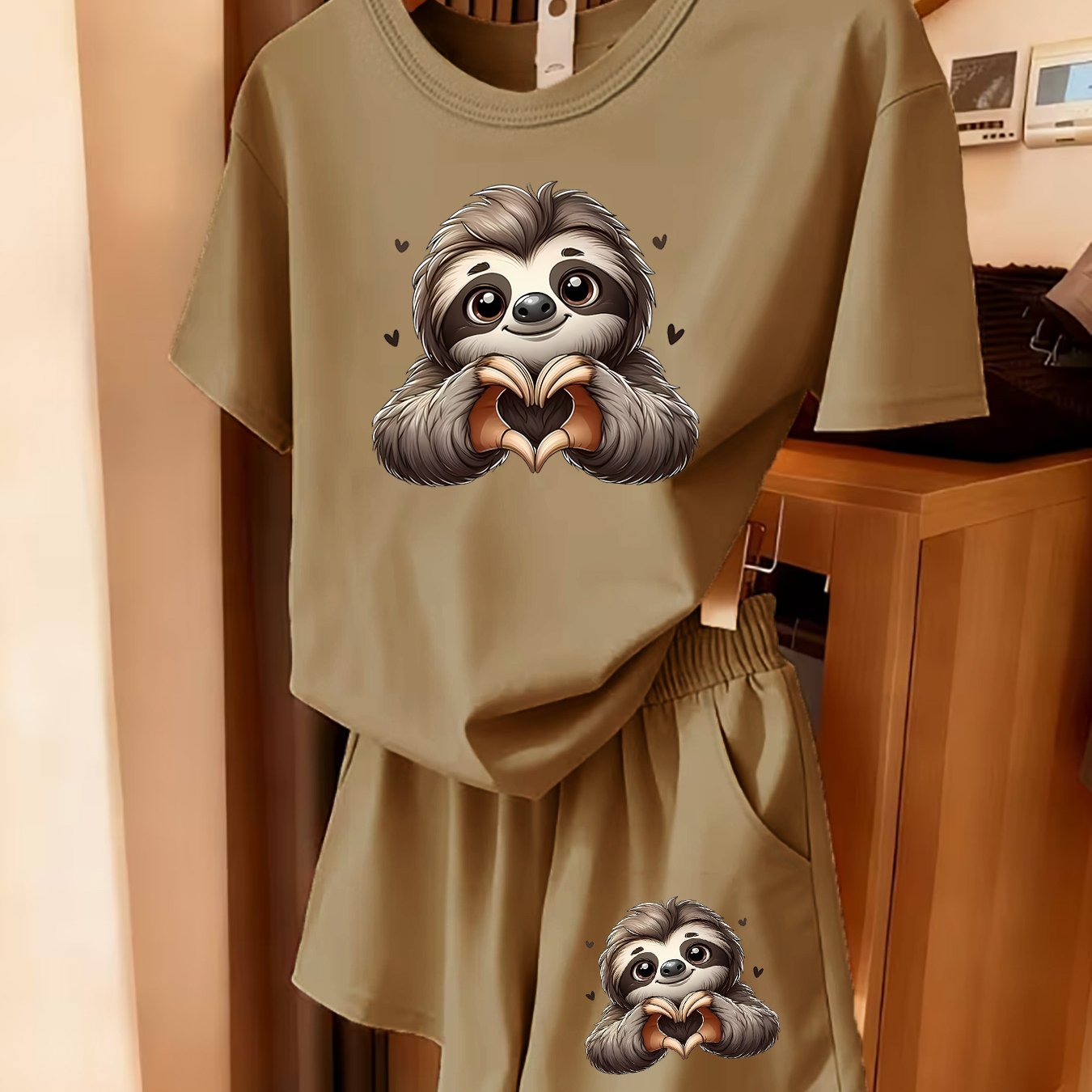 TEMU 2pcs Women's Summer Casual Athletic Short Sleeve Set - Sloth Heart Cartoon Print, Fun Pattern Short Sleeve And Shorts Set, Comfortable Soft