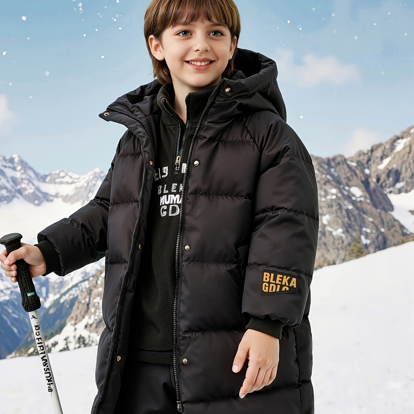 Image of Children's Casual Fashion Winter Outdoor Hooded Warm Jacket, Casual Polyester Outerwear, Suitable For Outdoor Cold Protection Warm Jacket Outerwear Gift For Boys