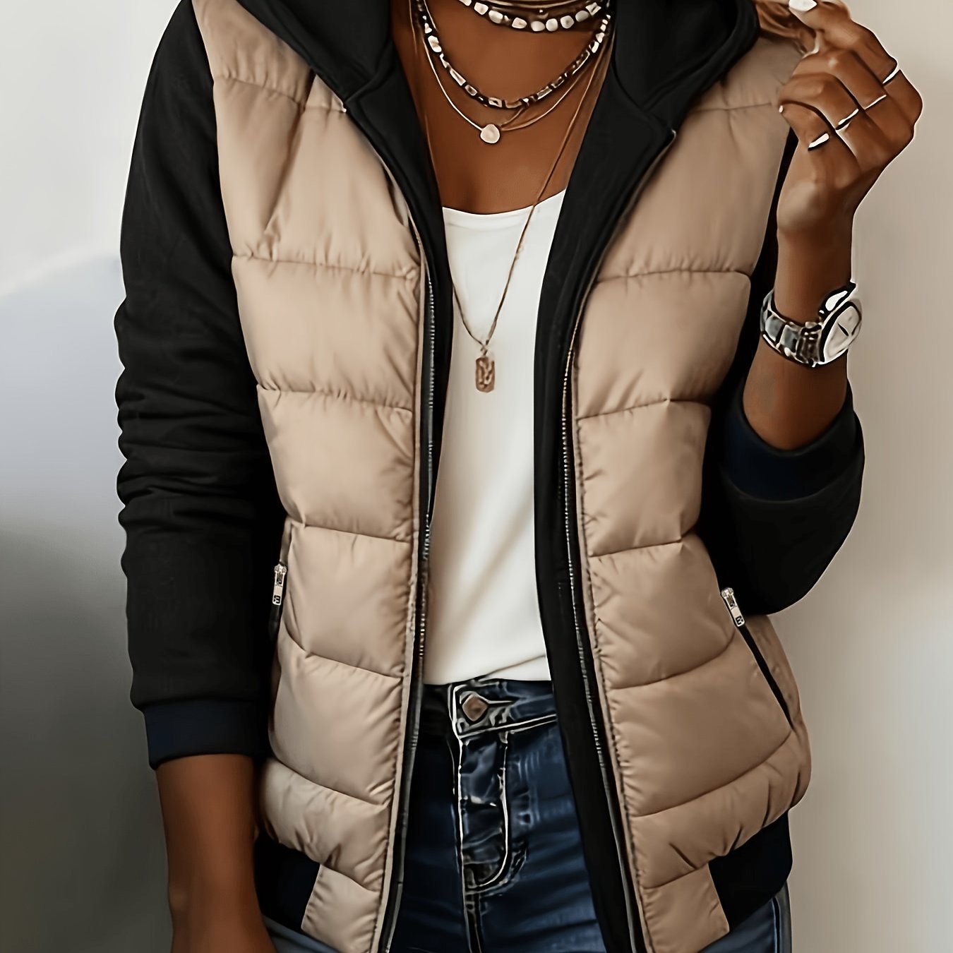 TEMU 2-in-1 Look Hooded Jacket, Color-block Casual Women's Jacket