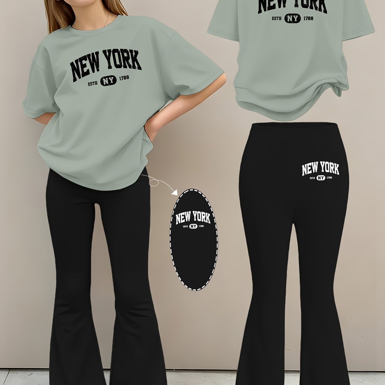 E-shop 2-teiliges Mädchen-Sommer-Modeset: Bedrucktes Trägerlos-Kurzarm-Rundhals-T-Shirt + Elastische Schlaghose, Mädchen-Langenhosen-Set für draußen,
