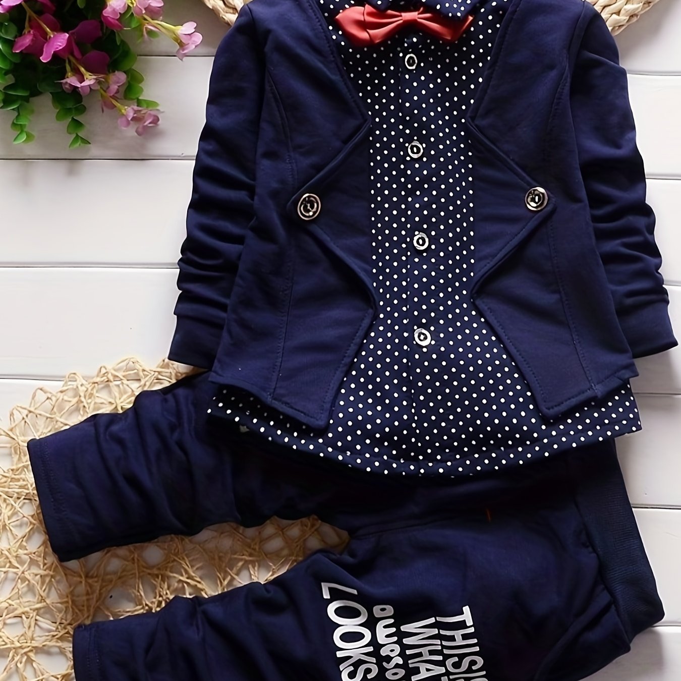 Image of New Autumn Boys' Long-sleeve 2pcs Set, Baby Boy Spring/autumn Polka Dot Print 2-in-1 Look Top And Pants, Fashionable 2pcs Set, Perfect For Outdoor