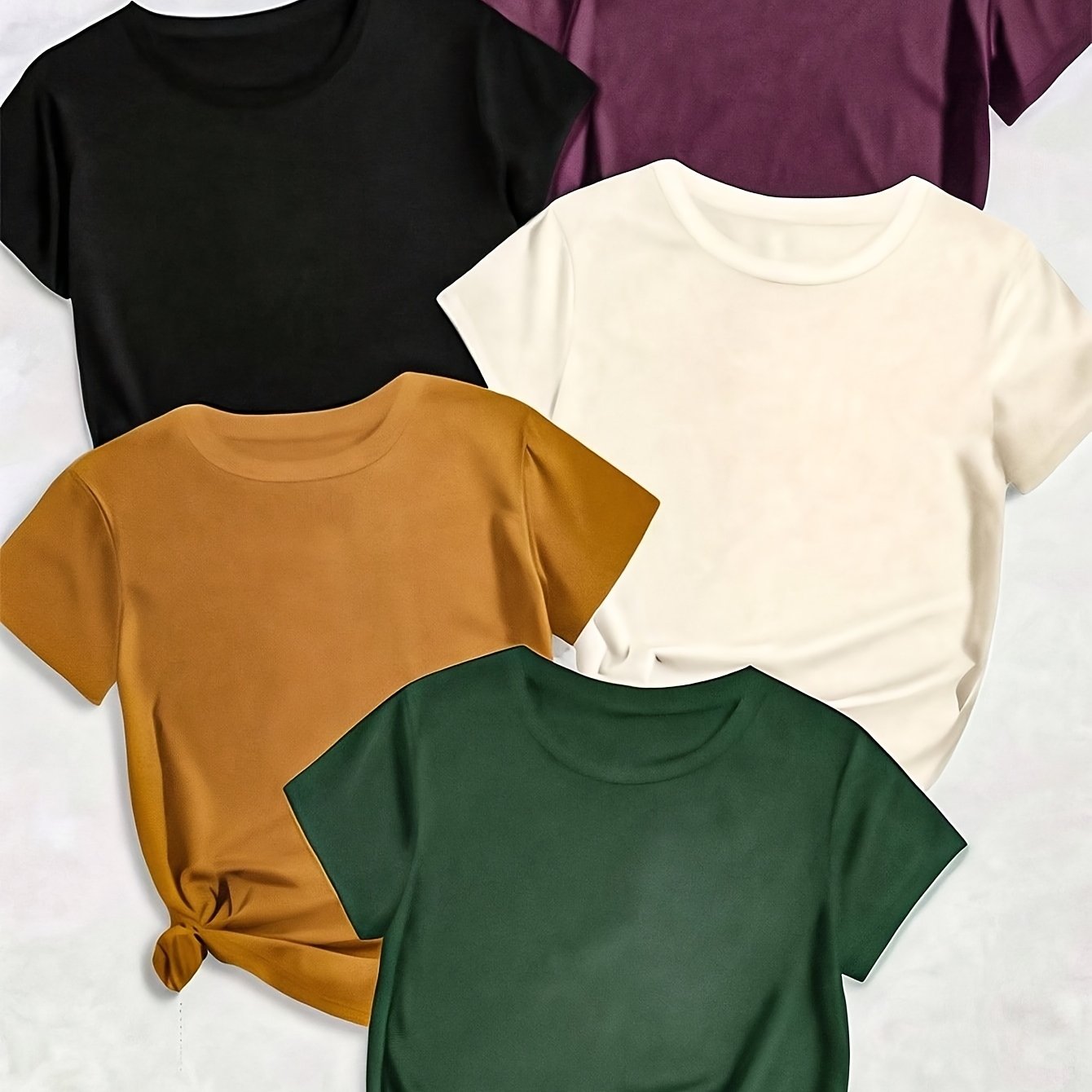 E-shop 5-teiliges Set Uni-Farben T-Shirts, Lässige Rundhals Kurzarm-Shirts, Geeignet für Frühling Sommer, Damenbekleidung