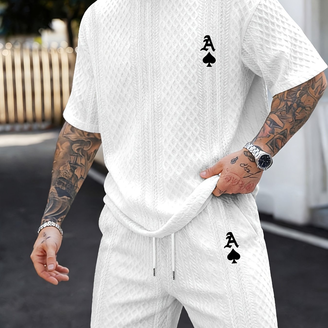 TEMU Men's New Textured Fabric Round Neck T-shirt And Drawstring Shorts Set