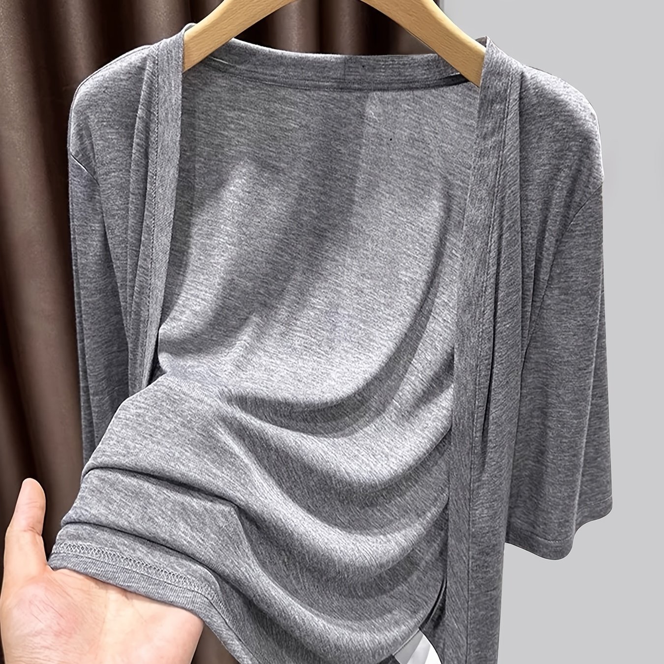 Fiber Fabric Thin Gray Short-sleeve Cardigan Outerwear For Women, Mid-sleeve Air Conditioning Cover-up