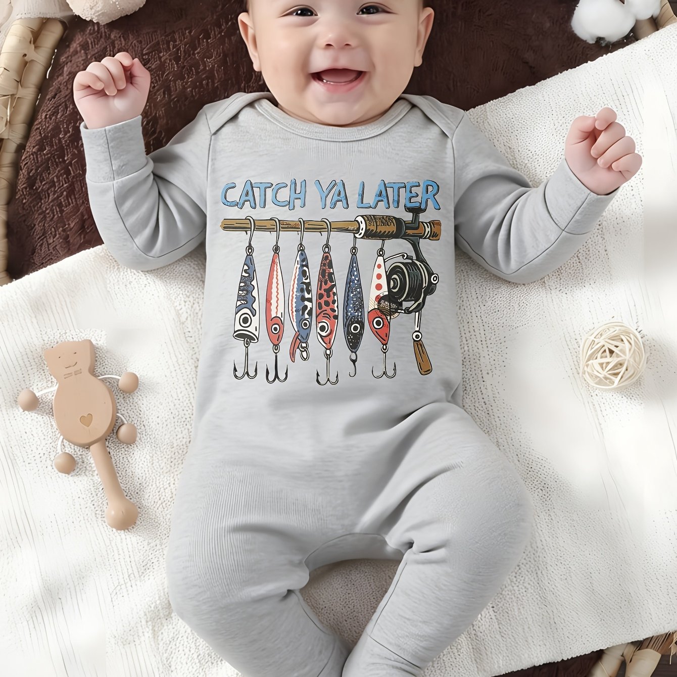 Baby Fishing Onesie - Cotton Long Sleeve T-shirt With " Later!" Text & Fish Patterns, Cute Outfit Suitable For, Spring Summer Fall Wear, Hand Washable For Easy Dressing, Perfect For Outdoor
