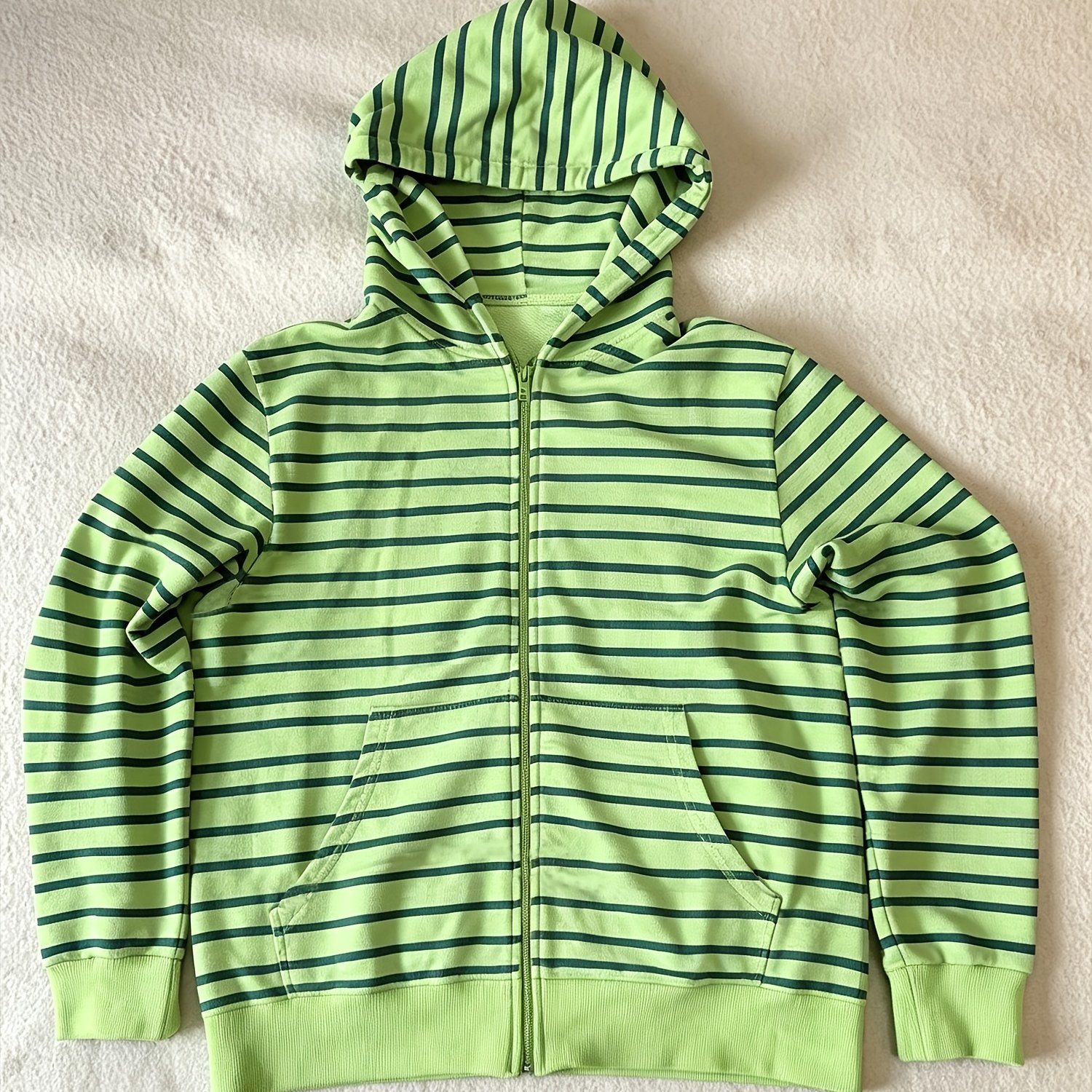 TEMU Y2k Spicy Outfit: Fresh With Black Stripes, Full-zip Hooded Cardigan Sweatshirt, Solid Color Lining, Casual Long-sleeve Outerwear, Kangaroo