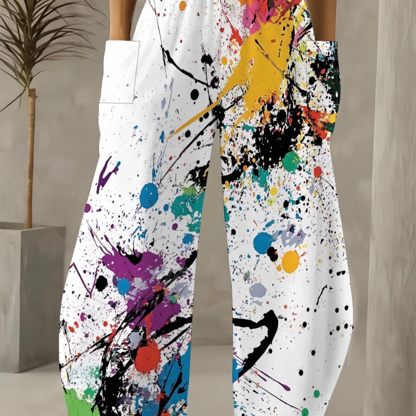 TEMU Plus Size, Women's Minimalist Wide-leg Pants With Ink Splatter Print - Relaxed Fit Trousers Suitable For Casual & Professional Wear, With