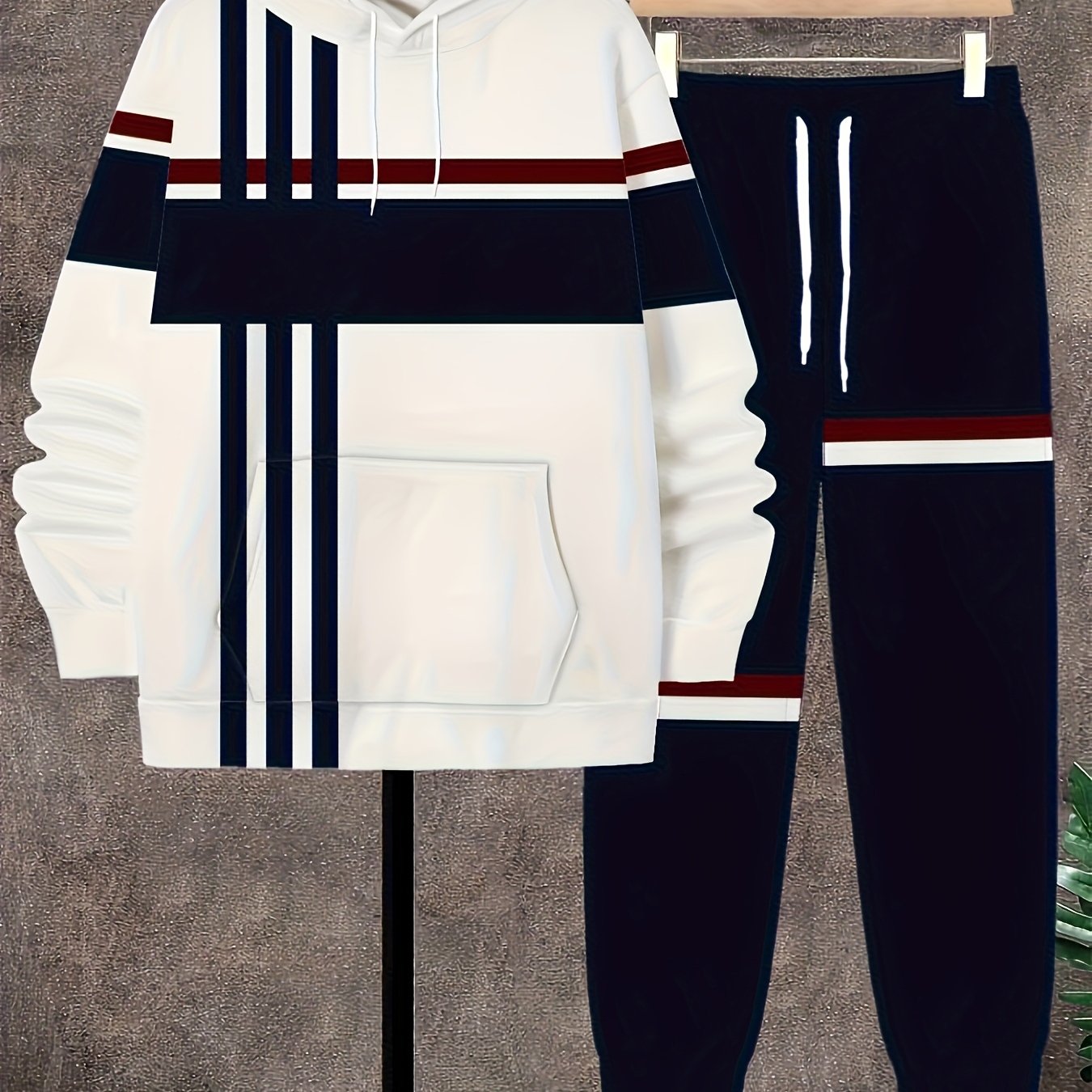 TEMU Men's Plus Size 2pcs Set: Hooded Striped Pattern 3d Print Kangaroo Pocket Long Sleeve Sweatshirt And Drawstring Pocket Pants, Casual Outfit For