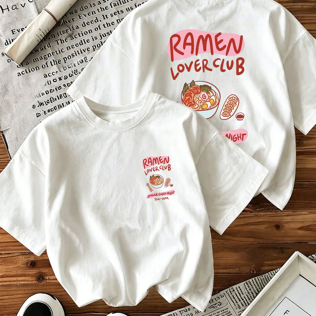 Image of Women's Summer Ramen T-shirt, Japanese Noodle Bowl Print Crew Neck Short Sleeve Casual Graphic Top, Soft