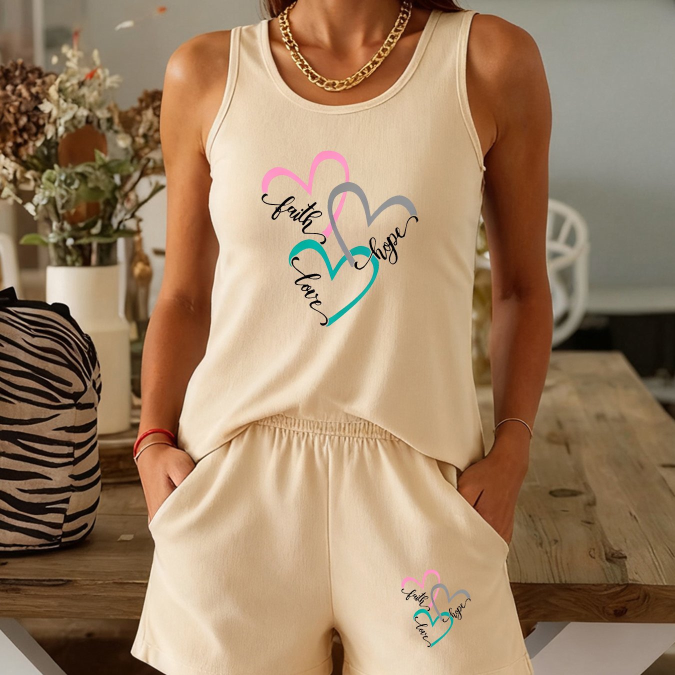 TEMU Women's Casual Spring/summer Heart Print Tank Top And Shorts Set