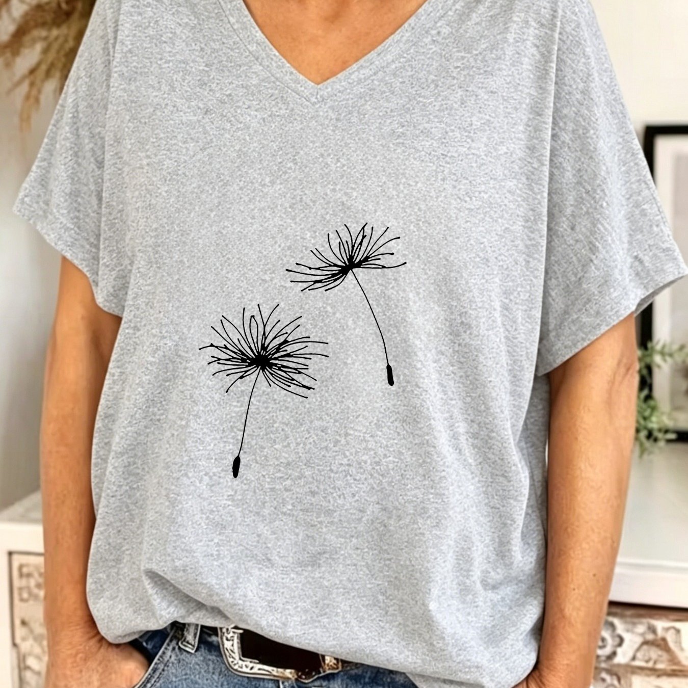TEMU Plus Size - Plus Size - Plus Size - Summer Women's Plus Size Fashion V-neck Batwing Sleeve Top - Dandelion T-shirt, Wash Versatile Loose Tee,
