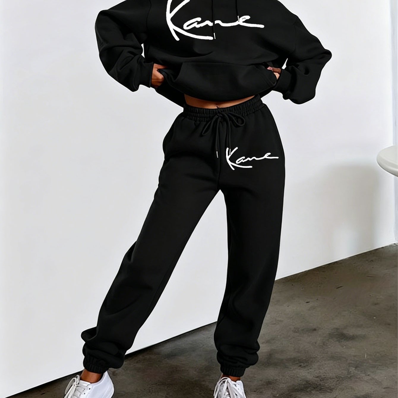 TEMU Autumn Winter Trendy Fashion Hooded Drawstring Sweatshirt And Jogger Pants Women's Set, Hooded Drawstring Design, Front Kangaroo Pocket On