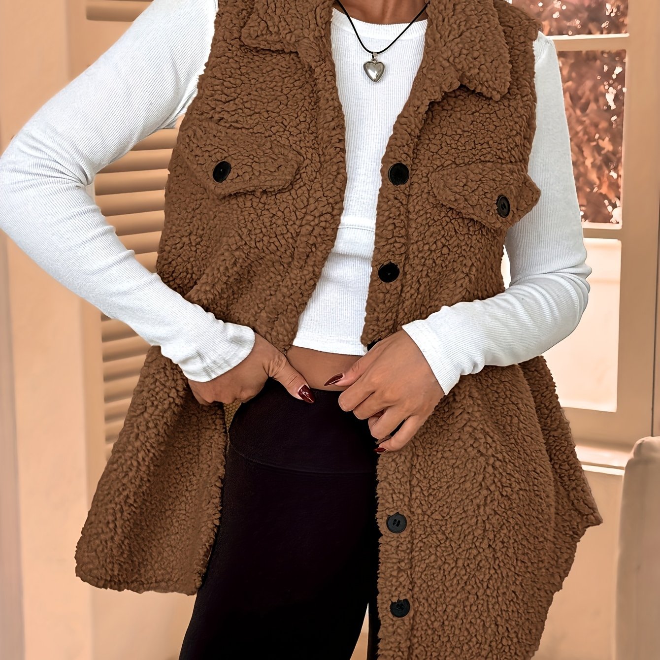 TEMU Women's Lamb Sleeveless Jacket, Single-breasted Lapel With Pockets Casual Loose Fit, Autumn Commuter Outerwear