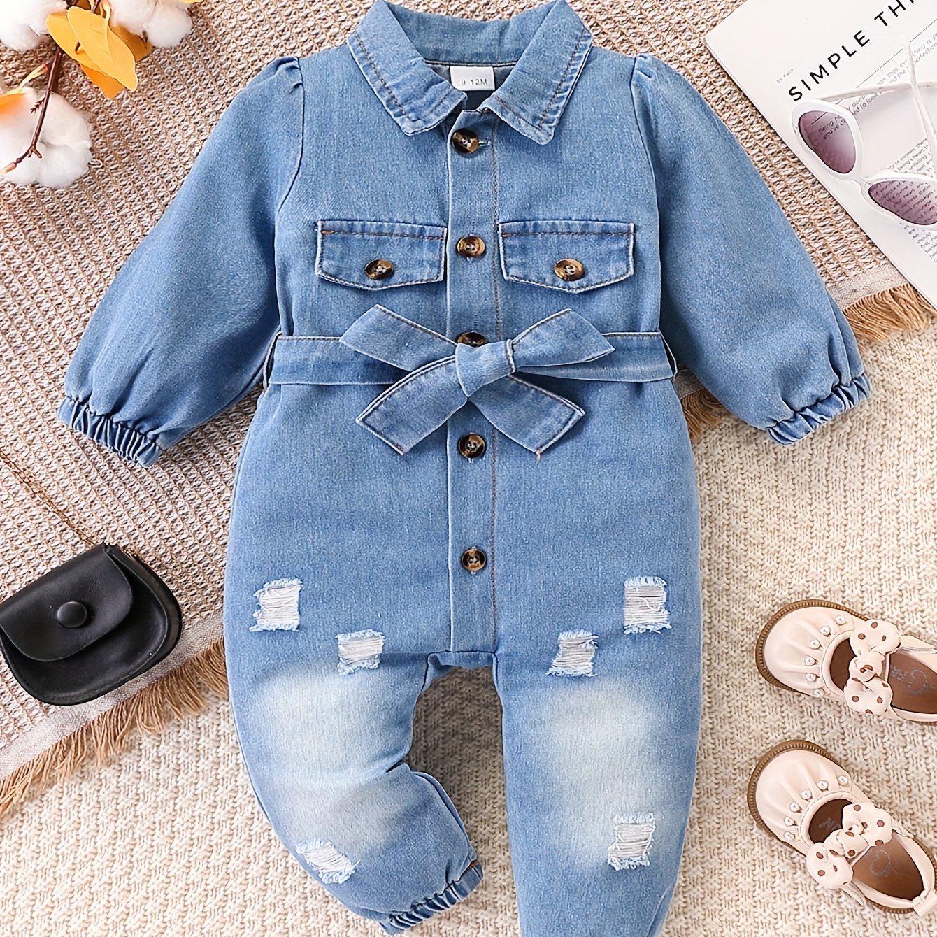 Image of Infant And Toddler Denim Ripped Lapel Mock Pocket Drawstring Long Sleeve Belted Jumpsuit For Spring And Autumn Daily Wear, Perfect For Outdoor