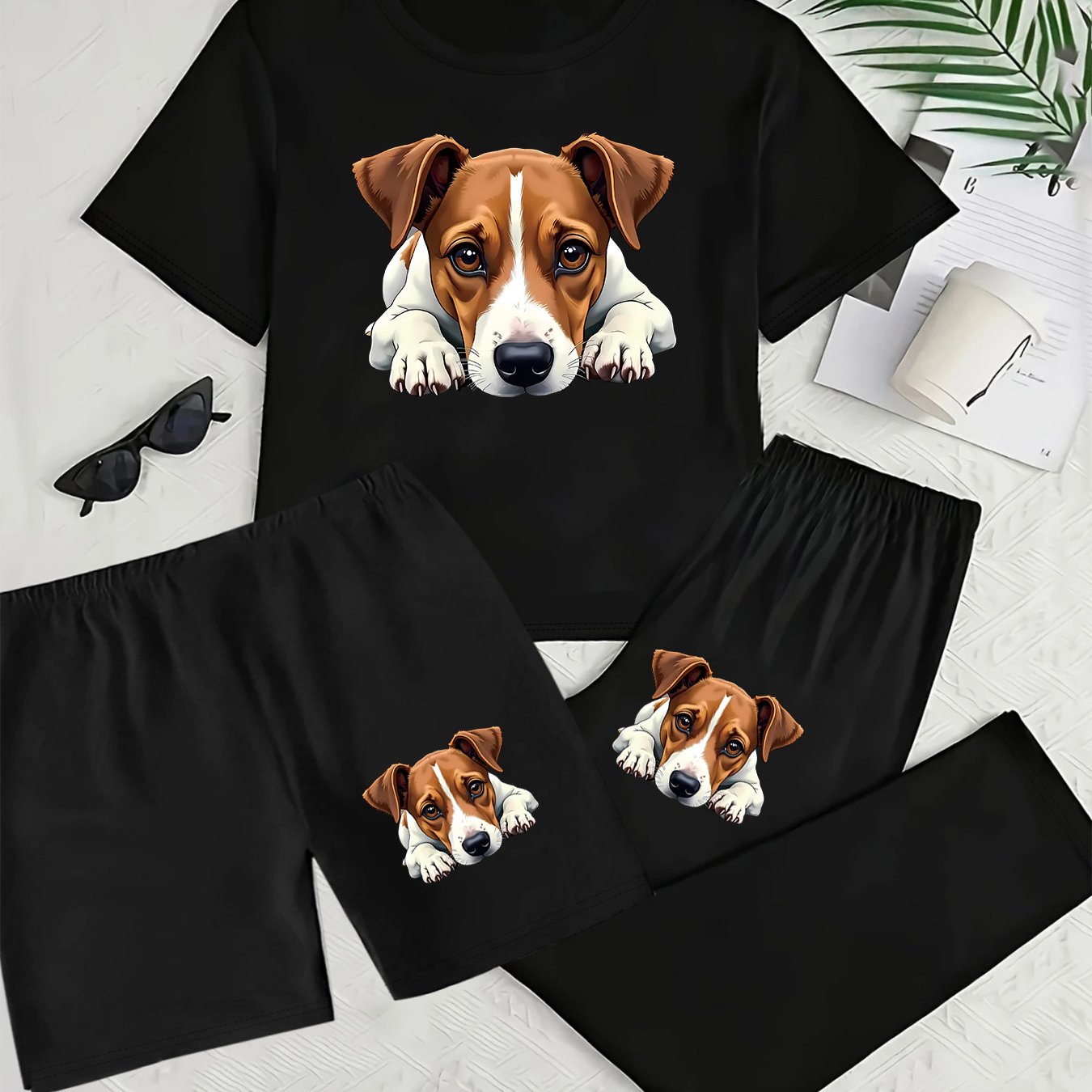 TEMU Women's 3pcs Outfit Set: Casual Round Neck Short Sleeve T-shirt And Shorts/long Pants Set With Brown And White Puppy Pattern And Letter Print,
