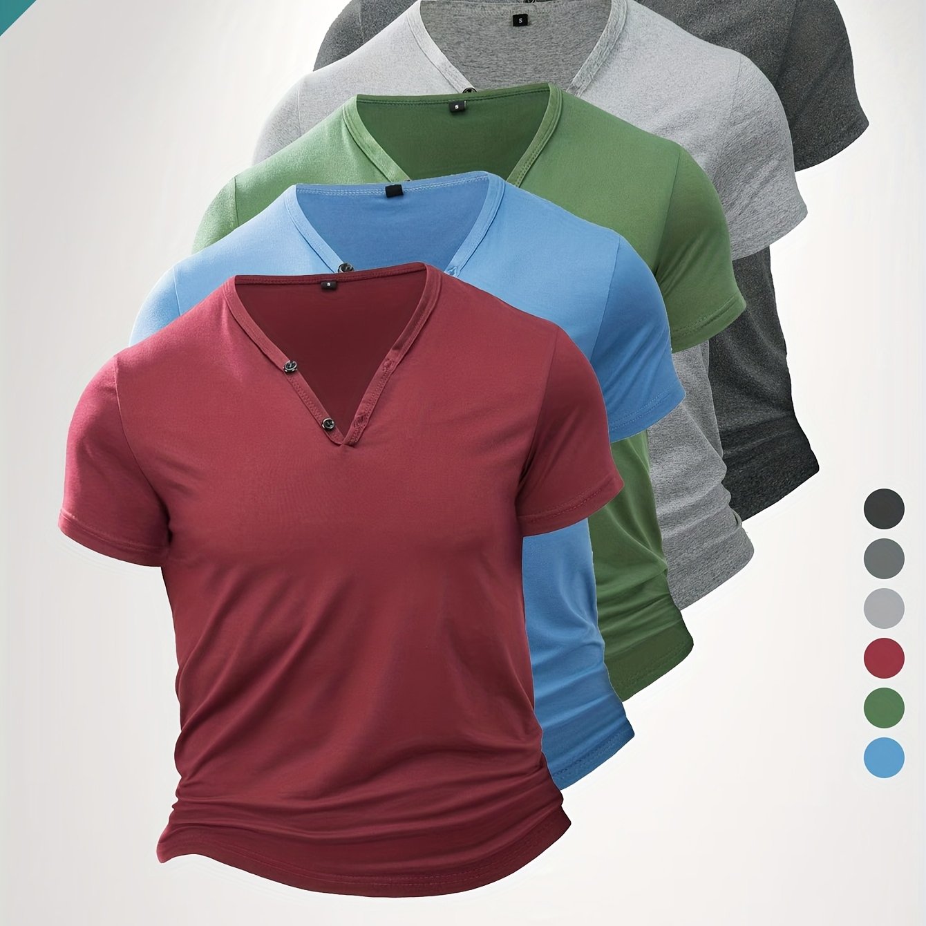 Image of 5-pc Men's Casual Lightweight Solid Color Moisture-wicking Breathable Henley Shirts, Casual V-neck Short Sleeve, Breathable Quick-dry Stretch Outdoor Henley Tops, Sweat-resistant
