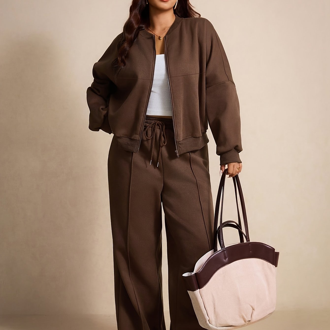 TEMU Plus Size, Autumn/winter Plus-size Women's Casual Swear Set - Zip-up Sweatshirt Jacket   High-waist Drawstring Wide-leg Sweatpants 2pcs Set,