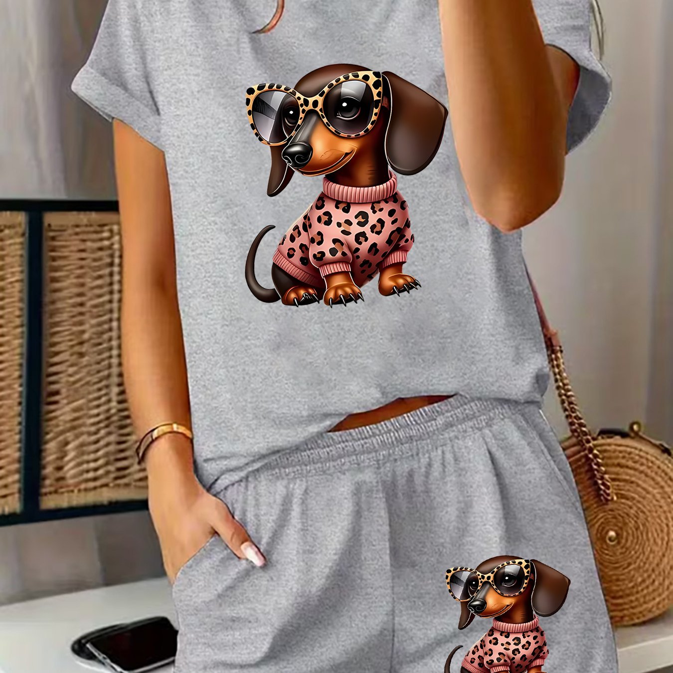 TEMU Conjunto de Manga Corta de para Mujer 2026 Año - 2 Piezas, Estampado de Dachshund de Dibujos Animados, Conjunto de Manga Corta y Shorts, Ropa