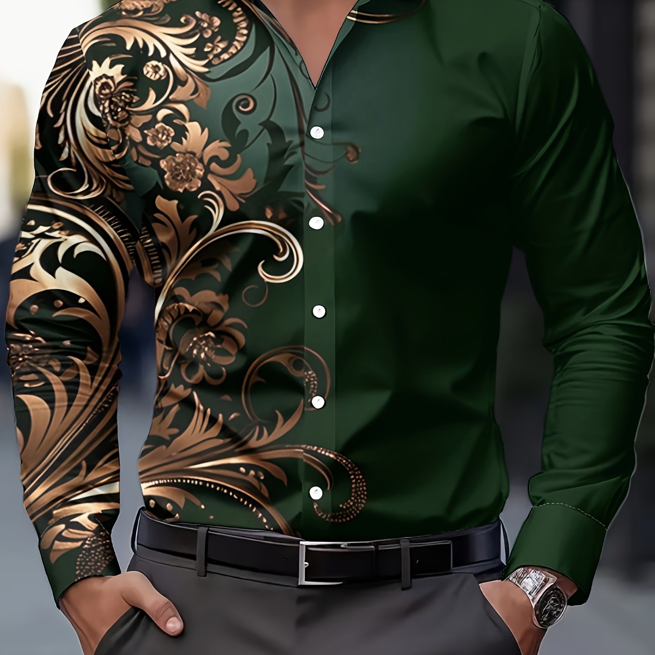 TEMU Men's Fashion Clothing Retro Floral Gradient Artistic Long Sleeve Shirt Button-up Lapel