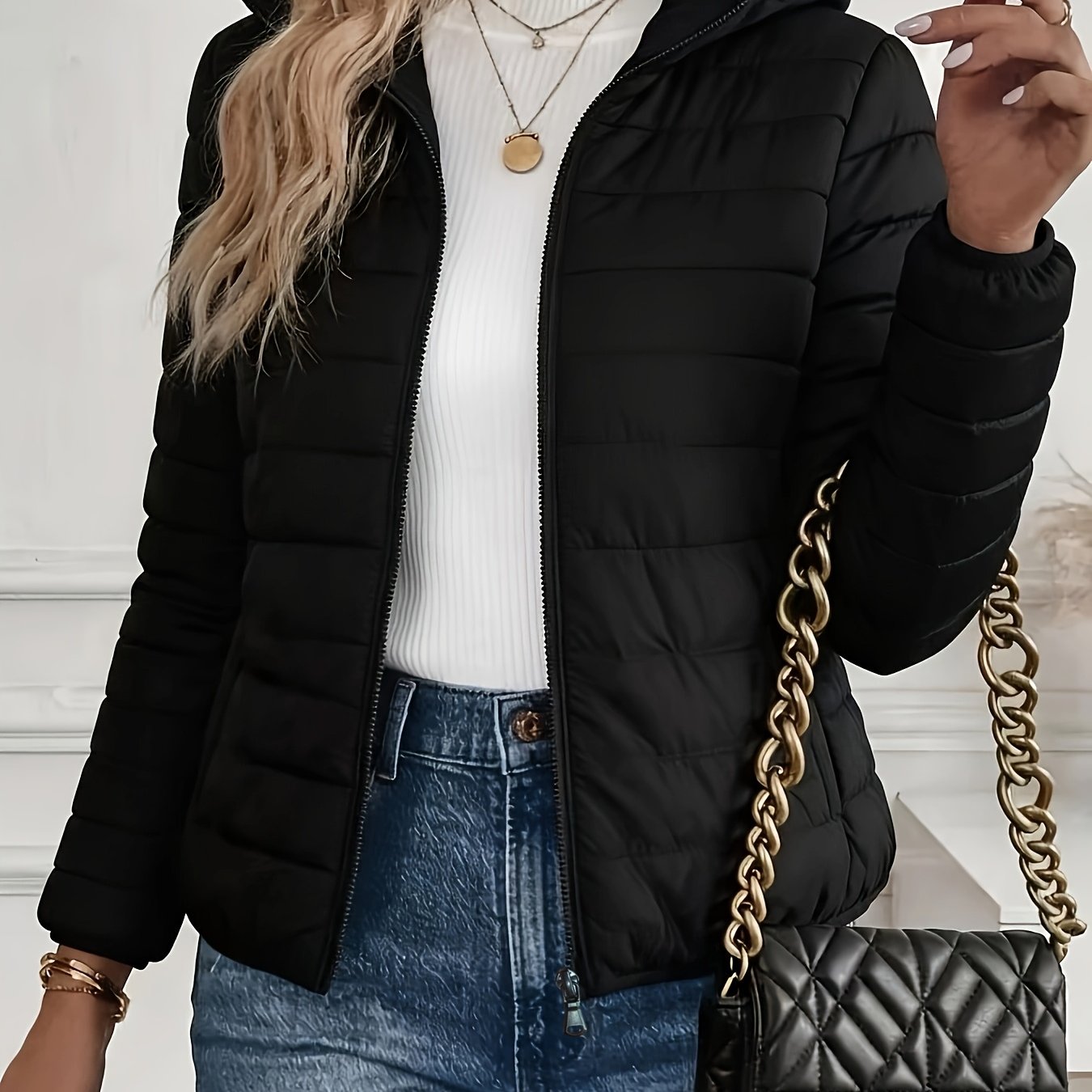 TEMU Women's Windproof Quilted Padded With Hood - Full- Front, Loose Fit Winter Coat Suitable For Commuting, Travel & Outdoor, Warm Outerwear, Hand