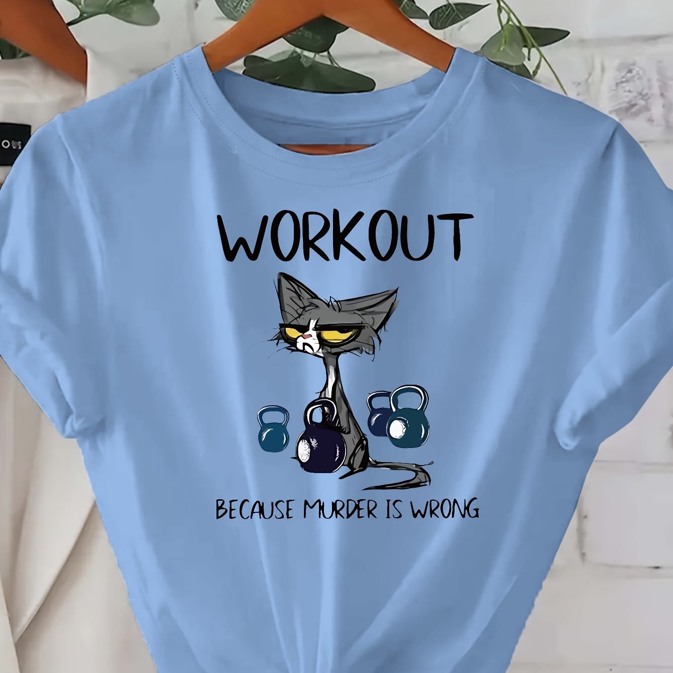 TEMU Women's Workout T-shirt "workout Murder Is " Cat & Kettlebells Graphic - Black Casual Short Sleeve Round Neck Tee, Fit, Machine Washable, Gym &