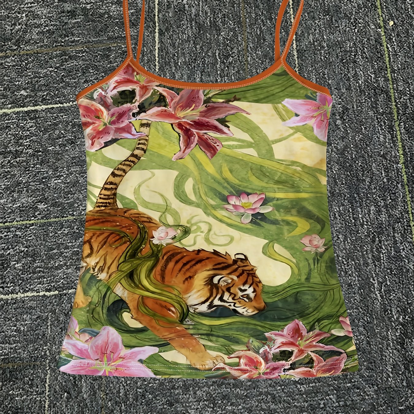 TEMU Tiger Print Camisole, Women's Summer Breathable Top, Green Floral Pattern Slim-