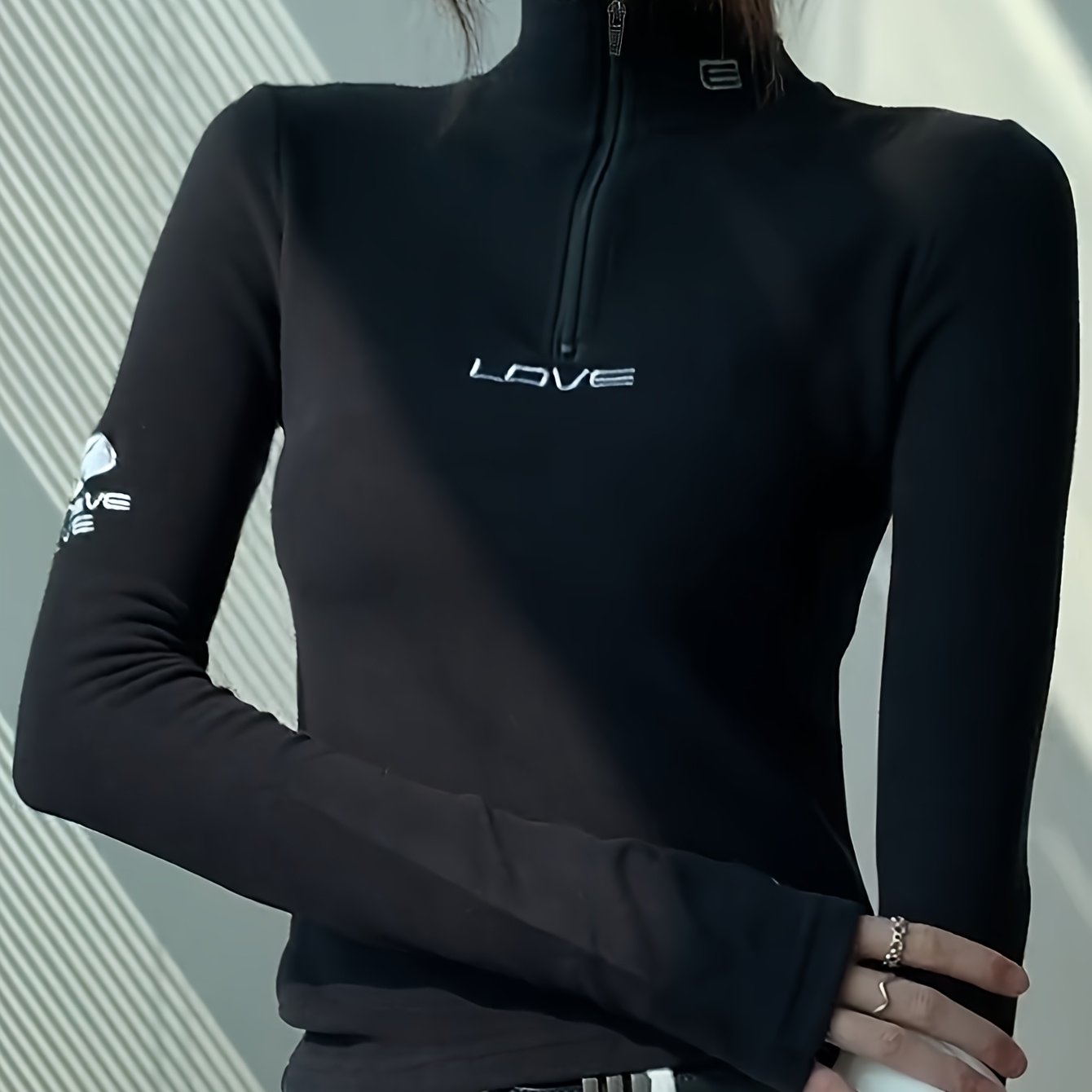 Women's Zip-up Stand Collar Curved Long Sleeve T-shirt, Semi-high Neck Base Layer Top