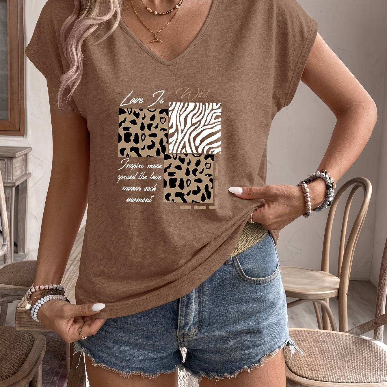 TEMU Leopard Print, Zebra Geometric , Is Wild Etc. Slogan Pattern Printed V-neck Ribbed Sleeveless T-shirt, Daily Outing, Suitable For Travel