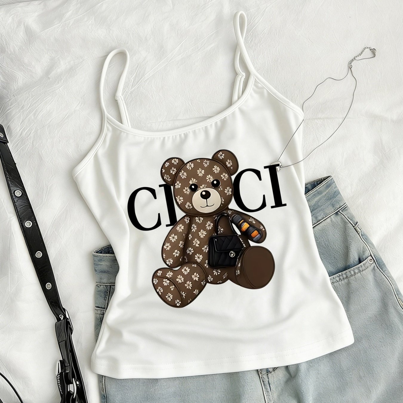 TEMU Canotta stile americano con orsetto e - Articolo con motivo piccante vintage Y2K, top corto con spalline sottili regolabili, nuovo top estivo