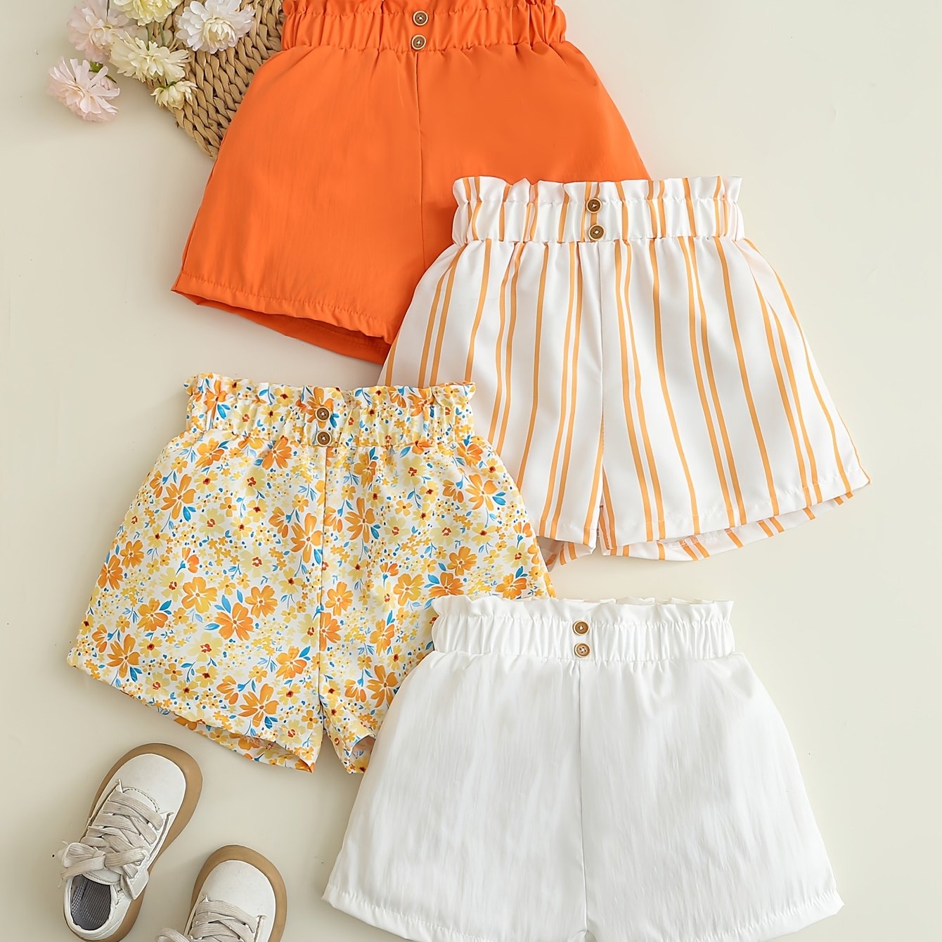 Image of Girls'/summer/puff-back Waist Shorts/orange Floral Striped/loose Fit/shorts/4pcs Set/girls' Trousers, For Outdoor