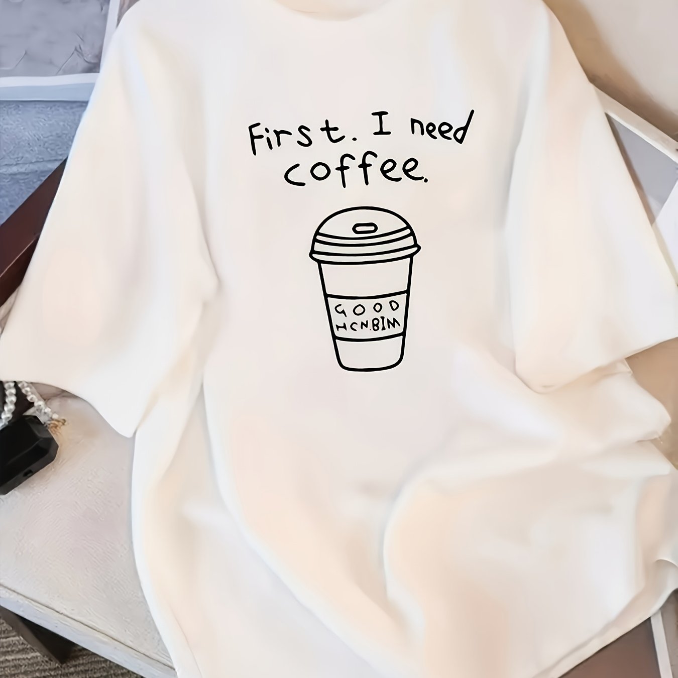 TEMU Plus Size, Women's Plus Size Oversized Coffee T-shirt - " " Print Crew Neck Tee, Casual Stretch Fabric Suitable For - Wear, Machine Washable