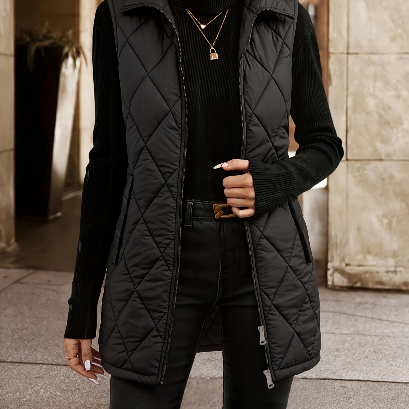 TEMU Women's Sleeveless Mid-length Rhombus Pattern Blazer Jacket - H-line Silhouette With Stand Collar & Zipper Front, Casual Spring/fall Outerwear,