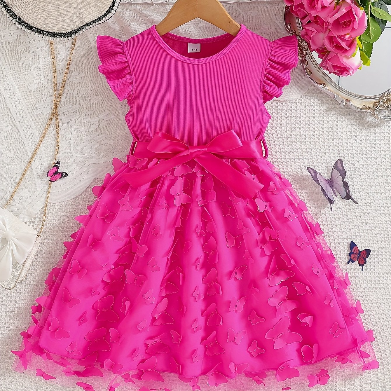 Image of Girls' And Cute Summer Dress, Solid Color Knitted Ribbed Fabric With Small Flutter Sleeves, Three-dimensional Hem, Mesh Skirt Hem With Belt