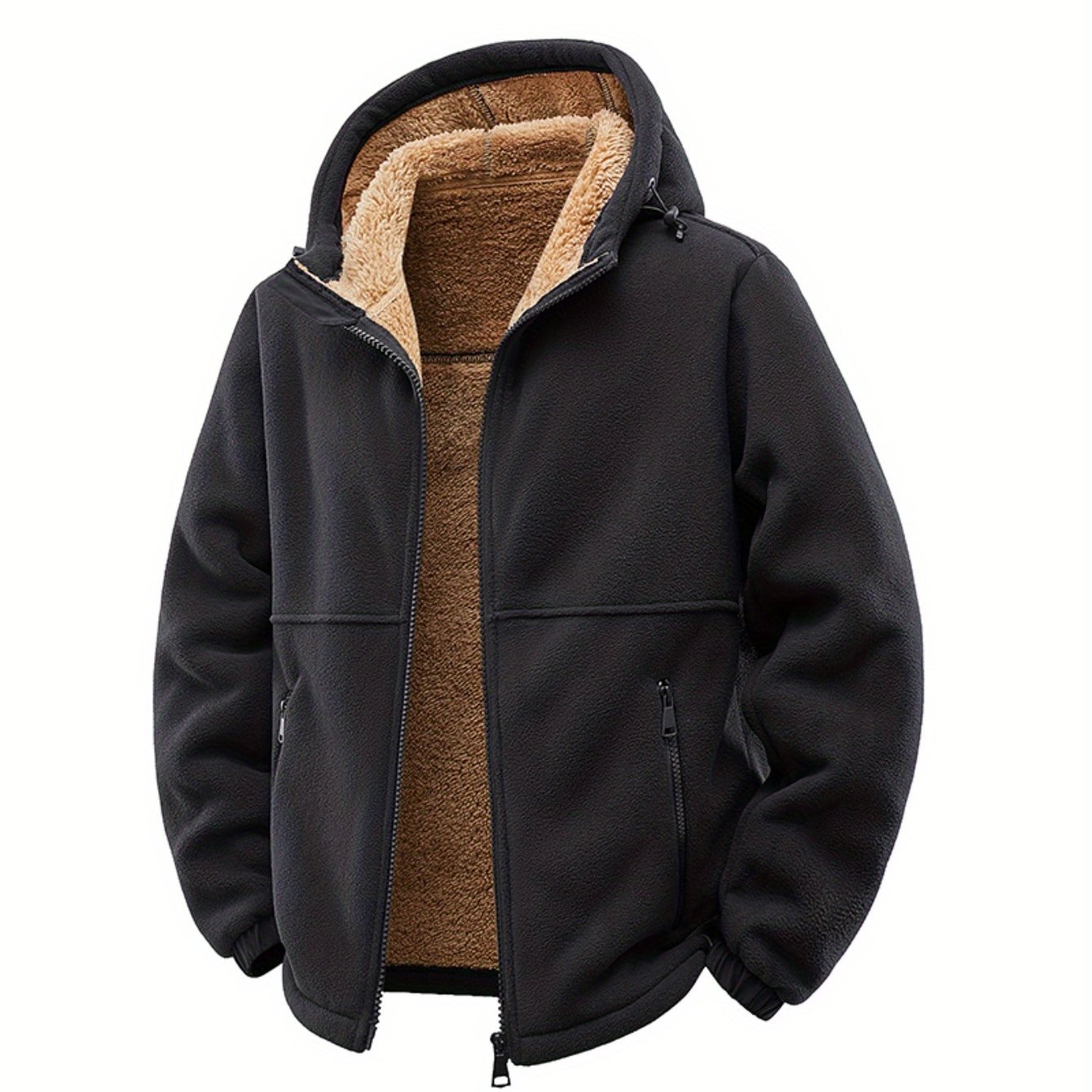 TEMU Men's Autumn And Winter Hooded Loose-fitting Jacket, Windproof And Warm Polar Fleece Jacket With Full Zipper Closure And Front Pockets, Suitable