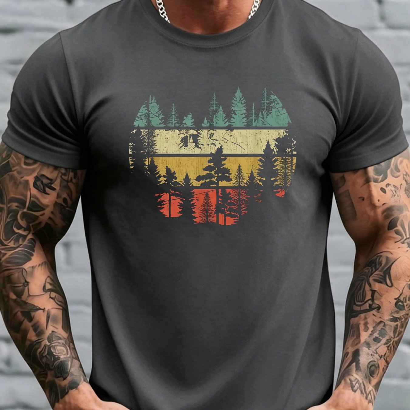 TEMU T-shirt Homme Vintage Imprimé Forêt , Haut Rétro Silhouette de Pin Col Rond, Manches Courtes Décontracté Extérieur