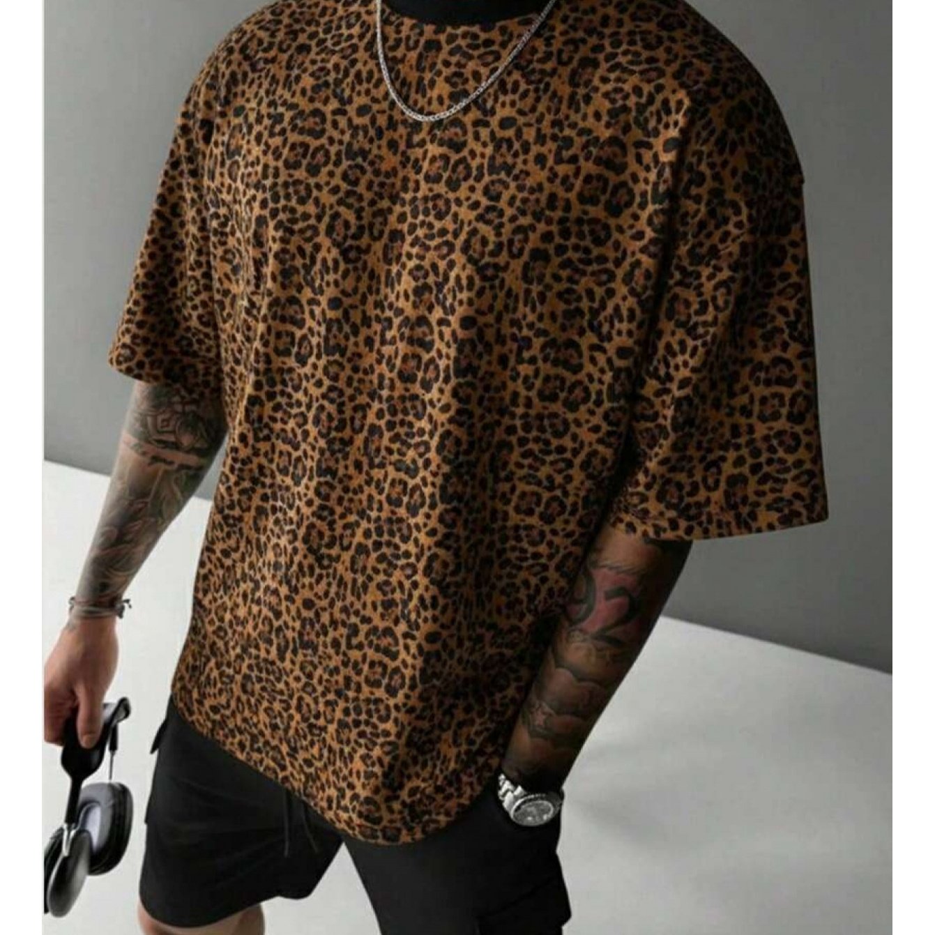 TEMU [printed Design-not Textured] Men's Retro Leopard Print Loose Short Sleeve T-shirt, Street Style, Breathable And Versatile, Multi-scene Wear