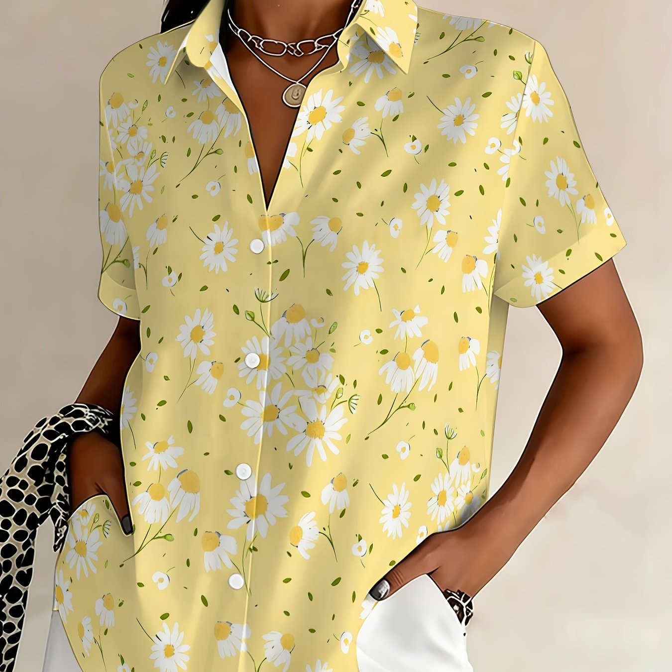 TEMU Plus Size, Women's Casual Personality Short Sleeve Daisy Print Plus Size Button- Shirt Fashion Lapel Cardigan