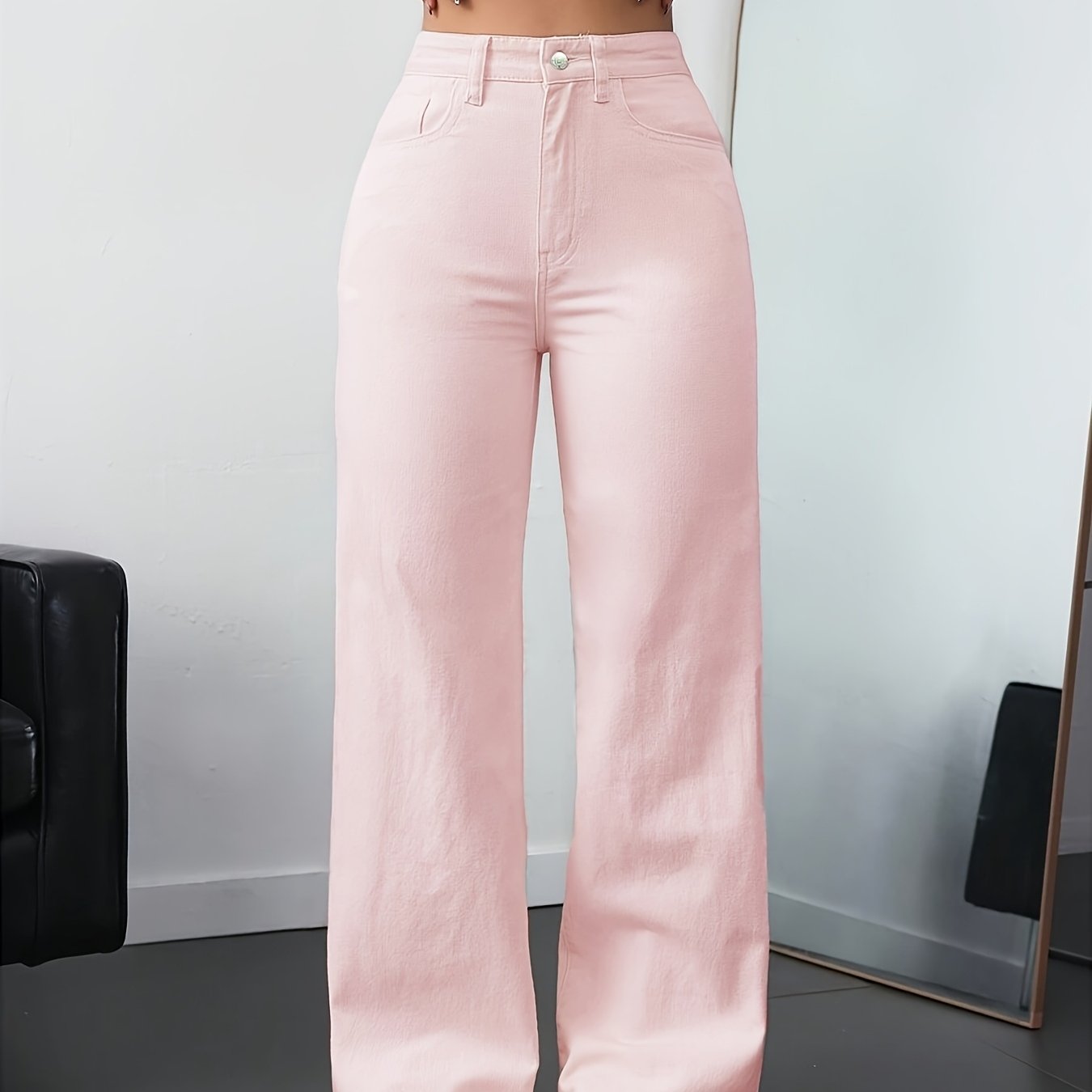 2026 Spring/summer New Women's Stretch Mid-rise Pink Denim Pants, Simple And Versatile Style, Soft Pink Straight-leg Trousers, , Suitable For Daily Casual Wear And Office Work