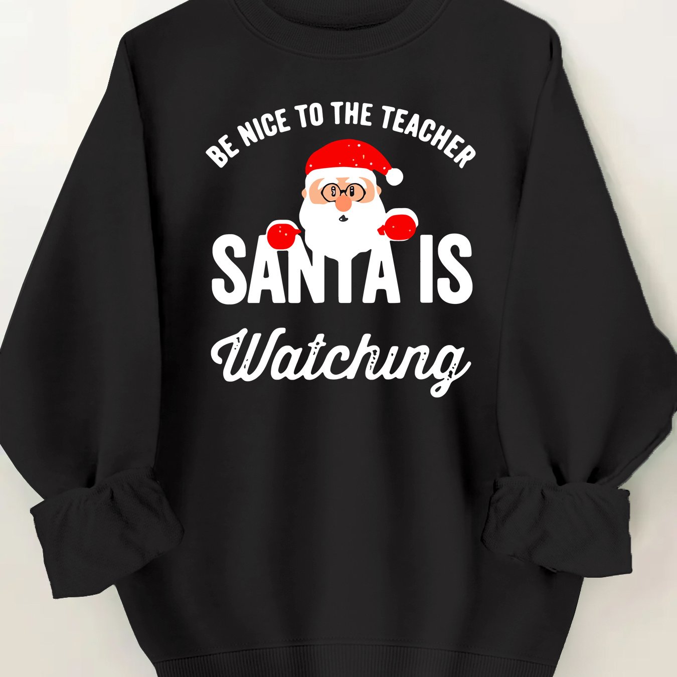 TEMU 1pc Women's Casual Christmas Sweatshirt, 100% Polyester Knit Pullover, Round Neck Long Sleeve Fashion Hoodie With Geometric Santa Print For