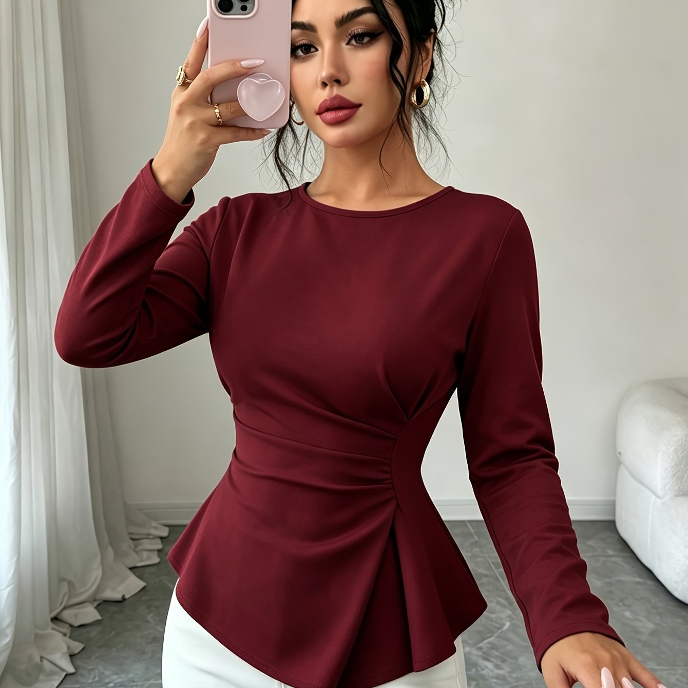 TEMU Womens Burgundy Round Neck Long Sleeve Blouse Side Ruched Waist Asymmetric Peplum Hem Slim Fit Elegant Solid Color Office Top